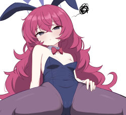 Rule 34 | 1girl, animal ears, black leotard, black pantyhose, blue archive, blush, bow, closed mouth, detached collar, fake animal ears, grey eyes, hair between eyes, halo, highres, io9, iroha (blue archive), leotard, long hair, pantyhose, playboy bunny, purple halo, rabbit ears, red bow, red hair, simple background, solo, spread legs, squiggle, strapless, strapless leotard, white background