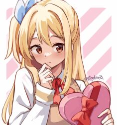 Rule 34 | 1girl, artist name, blonde hair, blue ribbon, blush, border, box, brown eyes, brown sweater vest, collared shirt, fairy tail, hair ribbon, hand on own chin, heart-shaped box, holding, holding box, long hair, looking at viewer, lucy heartfilia, neck ribbon, pink background, red ribbon, reytsu, ribbon, shirt, side ponytail, solo, striped background, sweater vest, twitter username, two-tone background, upper body, white background, white border, white shirt