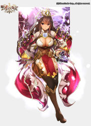 Rule 34 | 1girl, age of ishtaria, armor, armored dress, black thighhighs, breasts, brown hair, cleavage, copyright notice, detached sleeves, dress, electricity, female focus, large breasts, long hair, official art, original, purple eyes, raikou (ishtaria), short dress, solo, sword, thighhighs, toki no ishutaria, very long hair, weapon, yaman (yamanta lov)