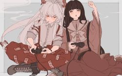 Rule 34 | 2girls, black hair, blouse, blunt bangs, boots, bow, brown eyes, cigarette, clenched hand, closed mouth, collared shirt, controller, cross-laced footwear, dress shirt, fujiwara no mokou, grey background, hair bow, hair ribbon, hime cut, holding, houraisan kaguya, japanese clothes, kawacy, lace-up boots, long hair, long sleeves, mouth hold, multiple girls, outside border, pants, pink shirt, red eyes, ribbon, shirt, sidelocks, silver hair, simple background, sitting, smoke, suspenders, touhou, unfinished, v-shaped eyebrows, very long hair, white shirt, wide sleeves