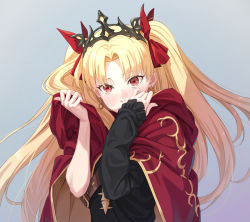 Rule 34 | 1girl, black dress, blonde hair, blush, bow, cape, dress, earrings, ereshkigal (fate), fate/grand order, fate (series), grey background, hair bow, hands up, highres, jewelry, long hair, long sleeves, looking at viewer, parted bangs, purple cape, red bow, red eyes, simple background, single sleeve, sleeves past wrists, solo, tiara, tuchinokoeffect, two side up, upper body, v-shaped eyebrows, very long hair
