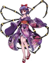 Rule 34 | 1girl, arthropod girl, arthropod limbs, artist request, bare shoulders, bow, breasts, carapace, cleavage, compound eyes, extra eyes, flower, full body, hair between eyes, hair bow, hair flower, hair ornament, insect girl, japanese clothes, kimono, kuruwa (monster musume), looking at viewer, medium breasts, monster girl, monster musume no iru nichijou, monster musume no iru nichijou online, official art, pink flower, purple hair, red eyes, red footwear, sandals, short hair, sleeves past fingers, sleeves past wrists, solo, spider girl, transparent background