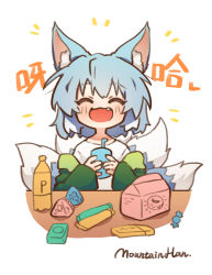 Rule 34 | 1girl, :d, ah zhong (mountain han), animal ear fluff, animal ears, blue hair, blush, candy, chinese text, closed eyes, facing viewer, fang, food, fox ears, fox tail, green jacket, holding, jacket, medium hair, mountain han, multiple tails, off shoulder, open clothes, open jacket, open mouth, original, shirt, signature, simple background, smile, solo, tail, translation request, white background, white shirt