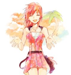 Rule 34 | 1girl, :d, ^ ^, bare arms, bare shoulders, cloud, cowboy shot, dress, closed eyes, jewelry, kairi (kingdom hearts), kingdom hearts, kingdom hearts ii, medium hair, necklace, open mouth, palm tree, pink dress, ramochi (auti), red hair, short dress, smile, solo, tree, zipper, zipper pull tab