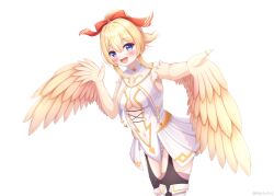Rule 34 | 1girl, absurdres, bare shoulders, black thighhighs, blonde hair, blue eyes, blush, breasts, center opening, cleavage, clothing cutout, feathers, hair between eyes, hair ribbon, harpy, highres, indie virtual youtuber, leotard, mavia (vtuber), medium breasts, monster girl, navel, open mouth, pink thighhighs, regiuchi, ribbon, simple background, sleeveless, solo, textless version, thighhighs, virtual youtuber, white background, white leotard, white thighhighs, winged arms, wings, yellow feathers, yellow wings