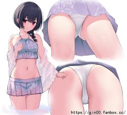 Rule 34 | 1girl, bare shoulders, bikini, black hair, braid, breasts, closed mouth, commentary request, frilled bikini, frills, gin00, hair between eyes, hair over shoulder, idolmaster, idolmaster shiny colors, legs, long hair, looking at viewer, mismatched bikini, morino rinze, multiple views, navel, paid reward available, pleated skirt, purple bikini, purple skirt, red eyes, see-through, skirt, small breasts, standing, swimsuit, upskirt, wading, water, watermark, web address, white background, white bikini