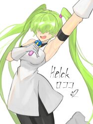 Rule 34 | 1girl, absurdly long hair, armpits, bad arm, bare shoulders, black pantyhose, breasts, commentary request, copyright name, dress, elbow gloves, gloves, green hair, hair over eyes, hair tie, helck, highres, holding, holding microphone, long hair, medium breasts, microphone, open mouth, pantyhose, pointy ears, rococo (helck), san ni ichi ichi, signature, simple background, sleeveless, sleeveless dress, solo, twintails, very long hair, white background, white dress, white footwear, white gloves