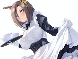 Rule 34 | 1girl, air groove (umamusume), alternate costume, animal ears, black bow, black dress, blue eyes, bow, breasts, closed mouth, clothes lift, commentary, cup, dress, dress lift, ear ornament, enmaided, frilled dress, frills, gloves, highres, holding, holding tray, horse ears, horse girl, juliet sleeves, kanno esuto, large breasts, lifting own clothes, long sleeves, maid, puffy sleeves, simple background, smile, solo, teacup, tray, umamusume, white background, white gloves