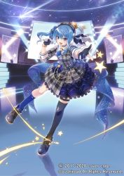 Rule 34 | 1girl, asymmetrical legwear, black footwear, black gloves, black legwear, blue eyes, blue hair, blue nails, cardfight!! vanguard, cardfight!! vanguard zero, collaboration, full body, gloves, grey hat, hat, holding, holding microphone, hololive, hoshimachi suisei, hoshimachi suisei (1st costume), looking at viewer, microphone, mitsukoshi haruha, nail polish, official art, open mouth, partially fingerless gloves, shoes, sky, solo, stage lights, star (sky), star (symbol), starry sky, uneven legwear, virtual youtuber, watermark