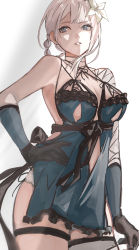 Rule 34 | 1girl, absurdres, bandaged arm, bandaged neck, bandages, black gloves, blue dress, blue eyes, blunt bangs, braid, breasts, cleavage, cowboy shot, dress, flower, gloves, hair flower, hair ornament, hand on own hip, highres, kaine (nier), large breasts, lingerie, looking to the side, negligee, nier, nier (series), pants, parted lips, single bare shoulder, solo, standing, thigh strap, toto, underwear, white background, white flower, white pants