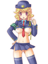 Rule 34 | &gt;:o, 1girl, :o, adapted uniform, aiguillette, angry, armband, bad id, bad pixiv id, badge, between breasts, blazer, blonde hair, blue thighhighs, blush, breasts, breasts apart, buttons, clothes between breasts, collared shirt, crop top, hat, holding, ichigo (riya), jacket, large breasts, long sleeves, looking at viewer, microskirt, midriff, navel, necktie, nipple slip, nipples, no bra, no panties, open mouth, pleated skirt, police, police hat, police uniform, policewoman, purple eyes, red eyes, shirt, shouting, skirt, solo, star (symbol), thighhighs, uncensored, underboob, uniform, v-shaped eyebrows, wavy hair, whistle