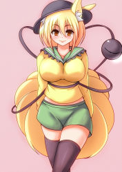 Rule 34 | 1girl, animal ears, arms behind back, black thighhighs, blonde hair, blouse, breasts, cosplay, fox ears, fox tail, hat, hat ribbon, impossible clothes, impossible shirt, komeiji koishi, komeiji koishi (cosplay), large breasts, looking at viewer, merry (diameri), midriff, midriff peek, multiple tails, pink background, ribbon, shirt, short hair, simple background, skirt, smile, solo, tail, thighhighs, third eye, touhou, yakumo ran, yellow eyes, zettai ryouiki