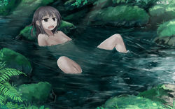 Rule 34 | 1girl, arms behind back, bathing, black eyes, blush, brown hair, bush, completely nude, d:, day, flat chest, grass, lying, leaning, leaning back, light rays, lying, lying on object, nature, nipples, no nose, nude, open mouth, original, outdoors, partially submerged, petite, river, rock, rocks, roreru (rorerore-ya), short hair, skinny, spread legs, sunbeam, sunlight, sunrays, water
