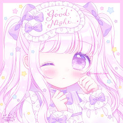 Rule 34 | 1girl, blush, border, bow, closed mouth, english text, frills, highres, himetsuki luna, long hair, long sleeves, looking at viewer, mask, mask on head, one eye closed, original, pink border, pink hair, puffy long sleeves, puffy sleeves, purple bow, purple eyes, shirt, signature, sleep mask, sleeves past wrists, solo, star (symbol), twitter username, two side up, upper body, white background, white shirt