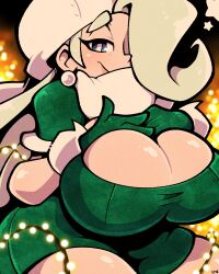 Rule 34 | 1girl, blue eyes, breasts, cleavage, cleavage cutout, clothing cutout, creatures (company), dress, game freak, gloves, green dress, green gloves, hair over one eye, highres, large breasts, legendofnerd, long hair, looking at viewer, melony (pokemon), nintendo, pokemon, pokemon swsh, smile, solo, white hair