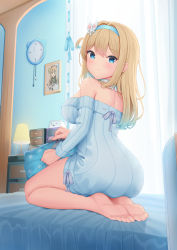 Rule 34 | 1girl, ass, barefoot, bed, blonde hair, blue eyes, blush, feet, girls&#039; frontline, hairband, highres, long hair, looking at viewer, off shoulder, picture frame, seiza, simple background, sitting, soles, suomi (girls&#039; frontline), toes