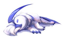 absol animal_focus claws closed_eyes commentary creatures_(company) full_body game_freak gen_3_pokemon likey lying nintendo no_humans pokemon pokemon_(creature) signature smile solo white_fur