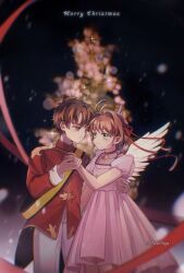 Rule 34 | 1boy, 1girl, blurry, blurry background, brown eyes, brown hair, cardcaptor sakura, choker, christmas tree, couple, dress, english text, feathered wings, green eyes, hand on another&#039;s waist, highres, holding hands, jacket, kinomoto sakura, li syaoran, looking at another, pants, pink dress, puffy short sleeves, puffy sleeves, red jacket, red ribbon, ribbon, short hair, short sleeves, solanya, star (symbol), star choker, twitter username, white pants, white wings, wings