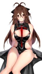 Rule 34 | 1girl, antenna hair, black bow, black one-piece swimsuit, bow, breasts, brown eyes, brown hair, commentary, crossed bangs, deathalice, english commentary, female commander (girls&#039; frontline), girls&#039; frontline, hair between eyes, hair bow, highres, large breasts, long hair, looking at viewer, one-piece swimsuit, simple background, sitting, smile, solo, swimsuit, thighs, white background