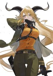 Rule 34 | 1girl, absurdres, ahoge, animal ear fluff, animal ears, arknights, belt, belt buckle, black belt, black gloves, black necktie, blonde hair, blood, blood on cheek, blood on face, breasts, bright pupils, buckle, buttons, chest harness, collared shirt, commentary request, covered mouth, cowboy shot, degenbrecher (arknights), double-parted bangs, dress shirt, floating hair, gloves, goat ears, goat girl, goat horns, green jacket, green pants, hair between eyes, hand up, harness, high collar, highres, holding, holding sword, holding weapon, horns, jacket, lapels, large breasts, layered sleeves, long bangs, long hair, long sleeves, looking at viewer, medal, military, military jacket, military uniform, necktie, open clothes, open jacket, orange shirt, pants, scabbard, shawl lapels, sheath, shirt, shirt tucked in, sidelocks, simple background, solo, standing, straight-on, straight hair, sword, torn clothes, torn jacket, uniform, unsheathed, very long hair, weapon, white background, white pupils, wing collar, wiping blood, yakota (usuk-yako), yellow eyes