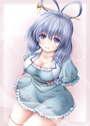 Rule 34 | 1girl, akino irori, arms behind back, blue dress, blue eyes, blue hair, breasts, cleavage, collarbone, commentary request, dress, floral print, frilled dress, frills, hair between eyes, hair ornament, hair stick, hair up, highres, kaku seiga, leg ribbon, looking at viewer, medium breasts, open mouth, ribbon, short hair, short sleeves, smile, solo, thigh ribbon, touhou