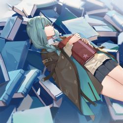 Rule 34 | 1girl, animal ears, aqua hair, aqua necktie, arknights, bear ears, beige sweater, black skirt, book, book stack, braid, brown jacket, chinese commentary, closed eyes, commentary request, cowboy shot, hair ornament, highres, holding, holding book, hongbaise raw, istina (arknights), jacket, lying, necktie, on back, pleated skirt, single braid, skirt, solo, star (symbol), star hair ornament