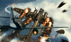 Rule 34 | aircraft, airplane, b-17, battle, bomber, cloud, damaged, debris, fighter jet, fire, highres, jet, jet engine, me 262, military, military vehicle, no humans, propeller, river, roc, roc (h7e3n9r8y), vehicle focus, world war ii