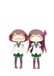 Rule 34 | 10s, 2girls, :d, ^ ^, bad id, bad pixiv id, black legwear, brown hair, c:, chibi, closed eyes, commentary request, closed eyes, hair ornament, holding hands, hinata yuu, kantai collection, kisaragi (kancolle), long hair, looking at viewer, multiple girls, mutsuki (kancolle), open mouth, pantyhose, pleated skirt, school uniform, serafuku, shoes, short hair, simple background, skirt, smile, thighhighs, white background, zettai ryouiki