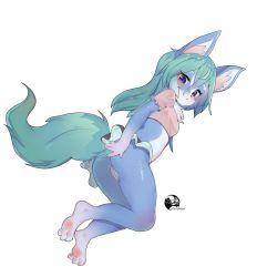 Rule 34 | 1girl, animal ear fluff, animal ears, animal hands, ass, barefoot, black skirt, blue eyes, blue hair, breasts, censored, costom10, feet, fox ears, fox girl, fox tail, from behind, full body, furry, furry female, grey shirt, legs, long hair, looking at viewer, looking back, microskirt, midriff, mosaic censoring, no panties, original, pussy, shirt, short sleeves, simple background, skirt, small breasts, smile, soles, solo, tail, thighs, toes, white background