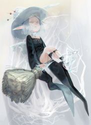 Rule 34 | 1girl, barefoot, black dress, broom, broom riding, claws, dress, grey eyes, hat, ice, looking at viewer, mizutame tori, original, pointy ears, short hair, sidesaddle, silver hair, simple background, solo, white hat