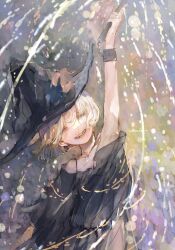 Rule 34 | 1girl, arm up, bare shoulders, black dress, black hat, blonde hair, closed eyes, commentary request, cuffs, dress, hat, highres, holding, magic, open mouth, orie h, original, shackles, short hair, signature, sketch, smile, solo, teeth, upper body, witch, witch hat