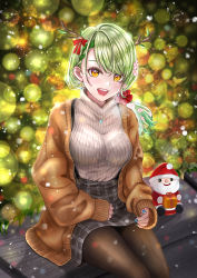 Rule 34 | 1girl, absurdres, antlers, black pantyhose, blue nails, bra visible through clothes, braid, braided bangs, bralines, branch, breasts, ceres fauna, christmas, christmas tree, flower, green hair, hair flower, hair ornament, highres, holocouncil, hololive, hololive english, horns, large breasts, looking at viewer, mole, mole under eye, nail polish, nori chazuke, open mouth, pantyhose, see-through, sitting, skirt, sleeves past wrists, smile, suspender skirt, suspenders, sweater, turtleneck, turtleneck sweater, virtual youtuber, yellow eyes