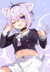 Rule 34 | 1girl, ;3, ahoge, animal ear fluff, animal ears, bad id, bad pixiv id, black collar, black hairband, black serafuku, blush, breasts, buttons, cat ears, cat tail, collar, commentary, cowboy shot, crop top, double-breasted, hair between eyes, hairband, highres, hololive, long sleeves, looking at viewer, medium breasts, midriff, navel, neckerchief, nekomata okayu, nekomata okayu (casual), noi mine, one eye closed, open mouth, paw pose, purple eyes, purple hair, sailor collar, school uniform, serafuku, short hair, shorts, sidelocks, smile, solo, sparkle, symbol-only commentary, tail, virtual youtuber, white neckerchief, white shorts