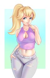 Rule 34 | 1girl, blonde hair, blue eyes, breasts, cleavage, cleavage cutout, clothing cutout, crop top, denim, hand on own hip, highres, jackary, jeans, large breasts, lips, mario (series), midriff, navel, nintendo, pants, ponytail, princess peach, solo, standing, thighs