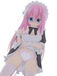 Rule 34 | 1girl, alternate costume, apron, black bow, black dress, blonde dog girl (ri-net), blue eyes, blush, bocchi the rock!, bow, bow panties, bra, breasts, character watermark, cleavage, clothes lift, collar, commentary request, cube hair ornament, detached collar, dress, dress lift, dutch angle, enmaided, flying sweatdrops, gotoh hitori, hair between eyes, hair ornament, highres, lifted by self, long hair, maid, maid apron, maid headdress, medium breasts, nose blush, one side up, open mouth, panties, pink bra, pink hair, plaid, plaid bra, puffy short sleeves, puffy sleeves, ri-net, short sleeves, simple background, solo, standing, thighhighs, underwear, very long hair, white apron, white background, white collar, white panties, white thighhighs, wing collar, wrist cuffs