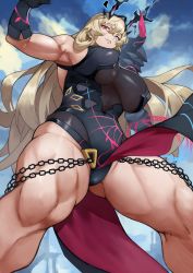 Rule 34 | 1girl, absurdres, armor, bad id, bad twitter id, bare shoulders, blonde hair, blue eyes, breasts, chain, barghest (fate), barghest (second ascension) (fate), fate/grand order, fate (series), gauntlets, heterochromia, highres, horns, large breasts, leotard, long hair, looking at viewer, muscular, muscular female, pauldrons, pelvic curtain, red eyes, shoulder armor, sideboob, single gauntlet, single pauldron, solo, thick thighs, thighs, yoshio (55level)