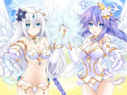 Rule 34 | 2girls, angel, angel wings, bare shoulders, black heart (neptunia), blue eyes, braid, breasts, cleavage, feathered wings, four goddesses online: cyber dimension neptune, gloves, hair ornament, kagura ittou, leotard, long hair, looking at viewer, medium breasts, multiple girls, neptune (neptunia), neptune (series), noire (neptunia), purple hair, purple heart (neptunia), symbol-shaped pupils, twin braids, very long hair, white hair, white wings, wings