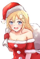 Rule 34 | 1girl, armband, bag, bare shoulders, blue eyes, breasts, christmas, cleavage, collarbone, hair ornament, hat, highres, holding, holding bag, hololive, hololive english, medium breasts, open mouth, santa hat, shuuzo3, solo, sweatdrop, v-shaped eyebrows, virtual youtuber, watson amelia