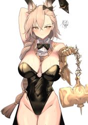 Rule 34 | 1girl, 360 (taiyo360), absurdres, animal ear fluff, animal ears, arknights, arm behind head, arm up, black bow, black bowtie, black leotard, bow, bowtie, braid, breasts, brown eyes, brown hair, cleavage, closed mouth, covered navel, cowboy shot, detached collar, extra ears, gauntlets, groin, hair bow, hammer, highres, holding, holding hammer, large breasts, leotard, long hair, looking at viewer, penance (arknights), simple background, single braid, single gauntlet, solo, squiggle, strapless, strapless leotard, sweat, thigh gap, v-shaped eyebrows, white background, wolf ears