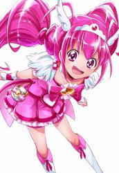 Rule 34 | 10s, 1girl, :d, bike shorts, boots, bow, choker, cure happy, dress, earrings, eyelashes, hair bow, hair ornament, happy, highres, hoshizora miyuki, jewelry, knee boots, kneehighs, long hair, looking at viewer, magical girl, open mouth, pink dress, pink eyes, pink hair, pink shorts, pink skirt, pink theme, precure, ribbon, sharumon, shorts, shorts under dress, simple background, skirt, smile, smile precure!, socks, solo, standing, twintails, very long hair, white background, white socks, wrist cuffs