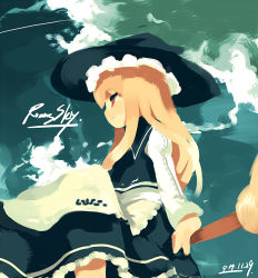 Rule 34 | 1girl, blonde hair, blush, broom, broom riding, cloud, female focus, fuukadia (narcolepsy), hat, kirisame marisa, long hair, profile, red eyes, sidesaddle, sky, smile, solo, touhou, witch, witch hat
