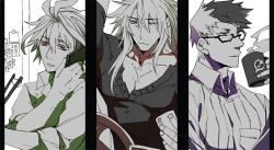 Rule 34 | 3boys, antenna hair, arm up, casual, cellphone, closed mouth, contemporary, cup, fate/apocrypha, fate/grand order, fate (series), glasses, male focus, mine (odasol), mug, multicolored hair, multiple boys, open mouth, pectorals, phone, red eyes, sieg (fate), siegfried (fate), sigurd (fate), simple background, sleeves rolled up, smartphone, split screen, sweater, two-tone hair, white background