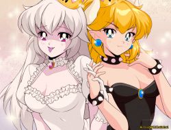 Rule 34 | 1990s (style), 2girls, absurdres, alilu-chan, anime coloring, black dress, blue eyes, blush, bowsette, bracelet, breasts, choker, cleavage, collar, colored skin, colored tongue, commentary, couple, dress, earrings, english commentary, fang, fang out, female focus, ghost, gloves, gradient background, hair between eyes, hand in own hair, highres, holding hands, horns, interlocked fingers, jewelry, long hair, looking at viewer, luigi&#039;s mansion, mario (series), medium breasts, monster girl, multiple girls, new super mario bros. u deluxe, nintendo, pale skin, patterned background, pink skin, pointy ears, ponytail, princess king boo, purple eyes, purple tongue, retro artstyle, side-by-side, smile, sparkle, spiked bracelet, spiked collar, spikes, strapless, strapless dress, super crown, tongue, tongue out, upper body, v-shaped eyebrows, white choker, white dress, white gloves, wide ponytail, yuri