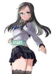 Rule 34 | 1girl, :o, absurdres, black hair, black sailor collar, black skirt, blush, breasts, commentary request, english text, from behind, glasses, grey eyes, grey thighhighs, highres, juusan kihei bouei ken, lace, lace-trimmed legwear, lace trim, long hair, long sleeves, looking at viewer, looking back, medium breasts, parted lips, pizzasi, pleated skirt, sailor collar, school uniform, serafuku, shirt, simple background, skirt, solo, thighhighs, watermark, white background, white shirt, yakushiji megumi