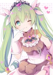 Rule 34 | 1girl, ;), armor, ascot, blush, breastplate, breasts, closed mouth, commentary request, finger to mouth, frey (rune factory), gloves, green eyes, green hair, hair between eyes, hair ribbon, heart, long hair, looking at viewer, medium breasts, mini mamu, one eye closed, pouch, ribbon, rune factory, rune factory 4, shirt, sleeveless, smile, solo, tiara, twintails, very long hair, white background, white gloves, white shirt