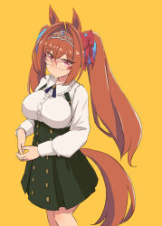 Rule 34 | 1girl, animal ears, bow, breasts, brown hair, buttons, casual, cowboy shot, daiwa scarlet (umamusume), double-breasted, expressionless, glasses, green skirt, hair bow, hair intakes, horse ears, horse girl, horse tail, kugui kiyunemu, large breasts, long hair, long sleeves, looking at viewer, puffy long sleeves, puffy sleeves, red bow, red eyes, skirt, solo, tail, tiara, twintails, umamusume, very long hair, yellow background