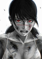 Rule 34 | 1girl, black hair, blood, blood on arm, blood on breasts, blood on face, breasts, chainsaw man, greyscale, highres, long hair, looking at viewer, medium breasts, monochrome, open mouth, raberu ruru, red eyes, ringed eyes, simple background, solo, spot color, underwear, white background, yoru (chainsaw man)