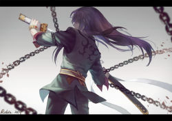 Rule 34 | 00s, 10s, 1boy, 2014, bad id, bad pixiv id, black hair, bracelet, chain, from behind, grey background, hair over eyes, jacket, jewelry, letterboxed, long hair, male focus, pants, robinexile, serious, signature, solo, sword, tales of (series), tales of vesperia, weapon, yuri lowell