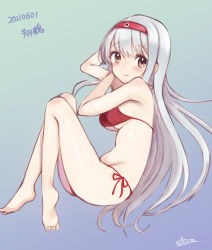 Rule 34 | 1girl, absurdres, barefoot, bikini, blue background, blush stickers, breasts, character name, commentary request, dated, full body, gradient background, hairband, halterneck, highres, kantai collection, long hair, looking at viewer, medium breasts, red bikini, red hairband, shoukaku (kancolle), side-tie bikini bottom, silica (silica silylate), solo, string bikini, swimsuit, white hair