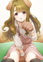 Rule 34 | 1girl, :p, animal ears, animal hands, brown hair, choker, commentary request, dog ears, dog paws, fake animal ears, grey background, highres, idolmaster, idolmaster million live!, idolmaster million live! theater days, long hair, long sleeves, looking at viewer, mikapoe, miyao miya, off shoulder, on floor, overalls, parted bangs, pink overalls, shirt, sitting, solo, thighs, tongue, tongue out, white shirt